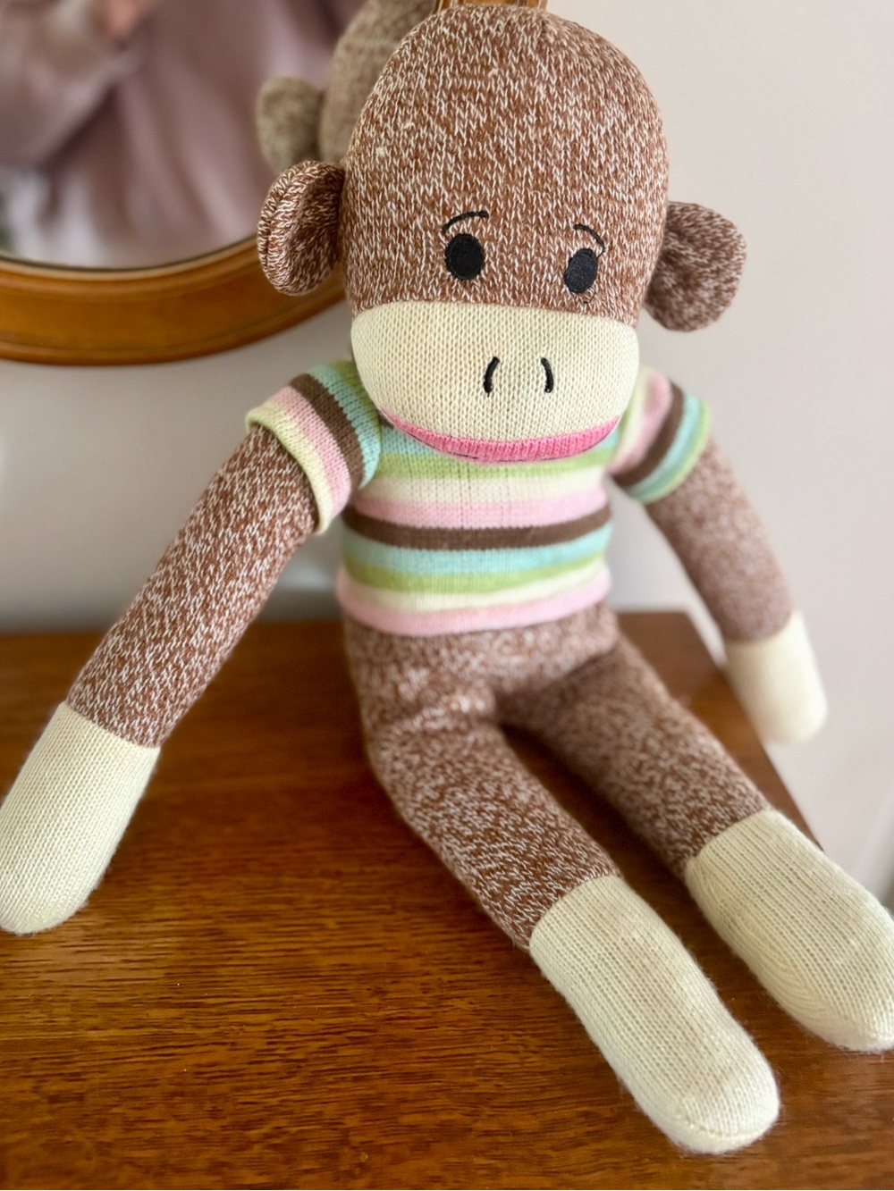 Brown Sock Monkey with Pastel Striped Sweater